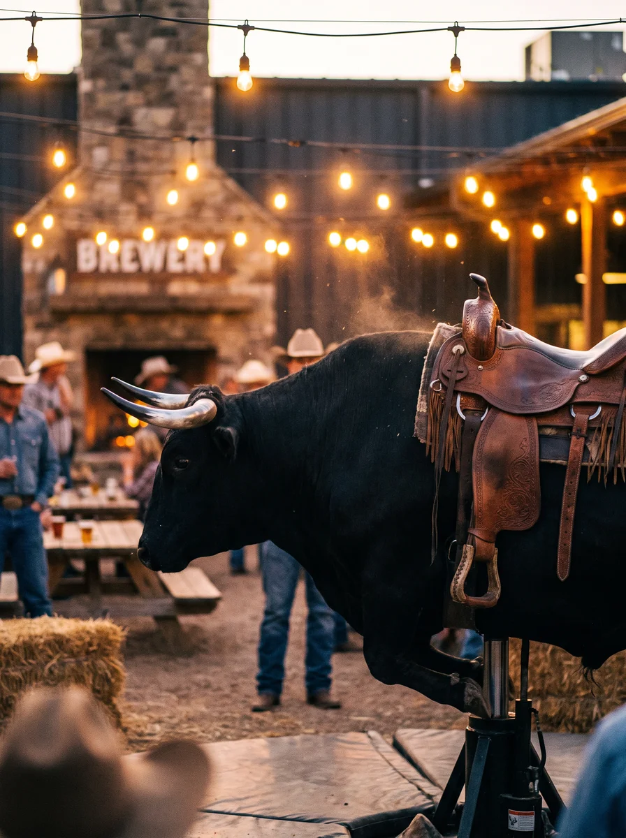 El Bárbaro, the matte black Marcito mechanical bull, set up at a brewery night