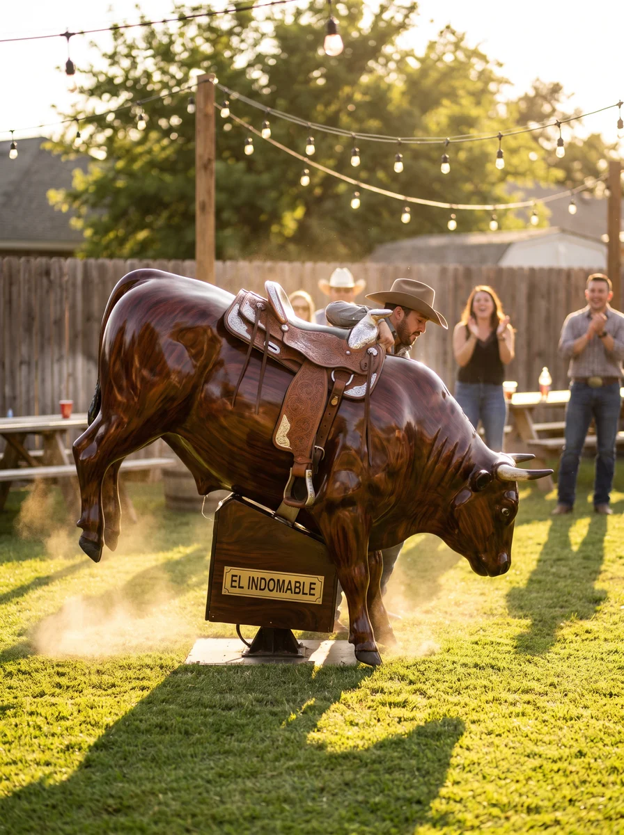 El Indomable, the mahogany Marcito mechanical bull, set up at a family celebration