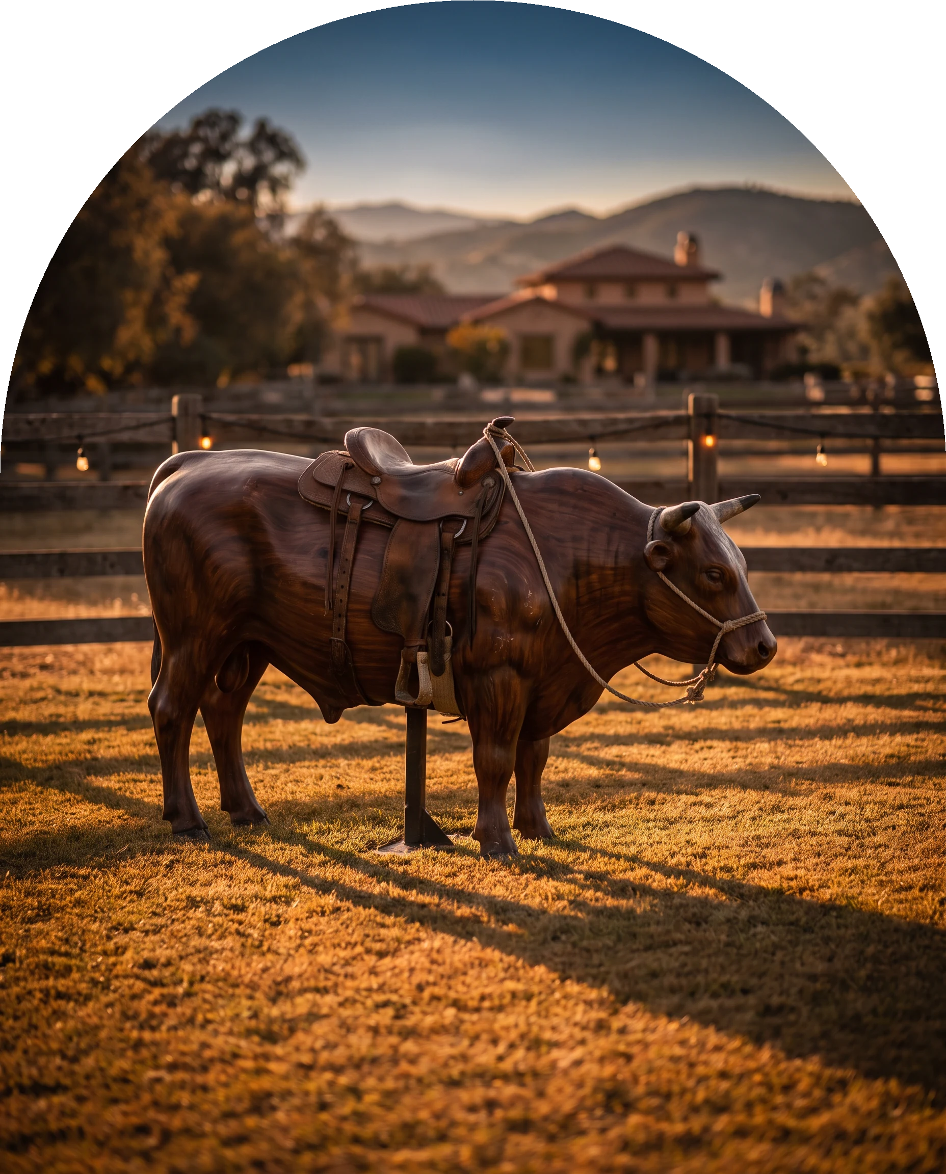 El Bárbaro, Marcito's matte-black mechanical bull, lit at golden hour
