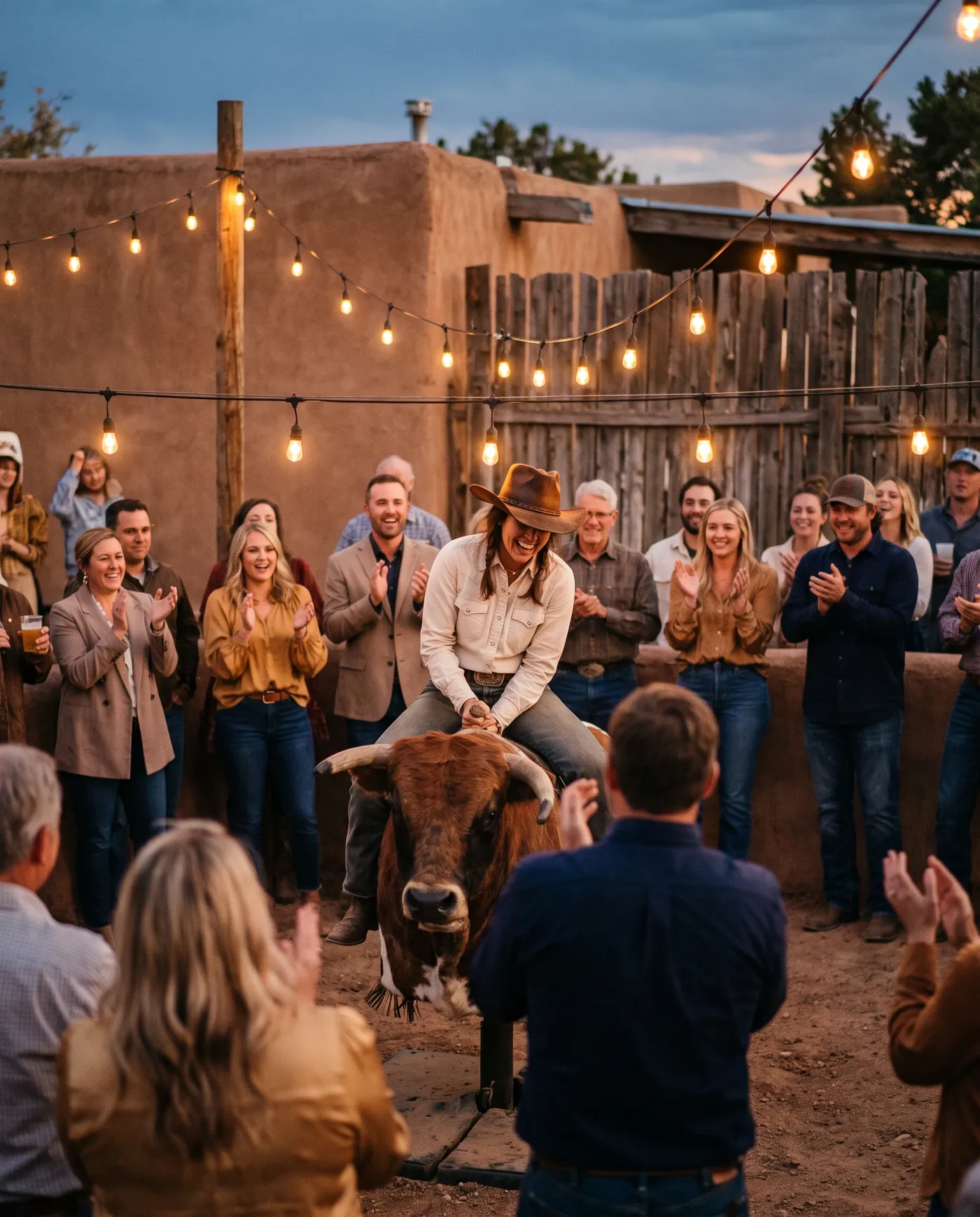 Guests riding a Marcito mechanical bull at an evening party under string lights